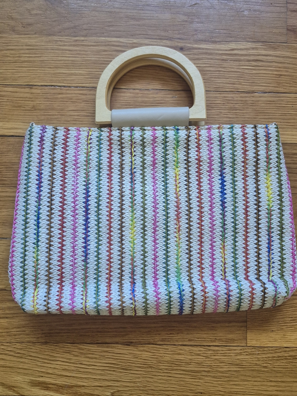 Woven Multicolor Stripe Top-Handle Tote - White